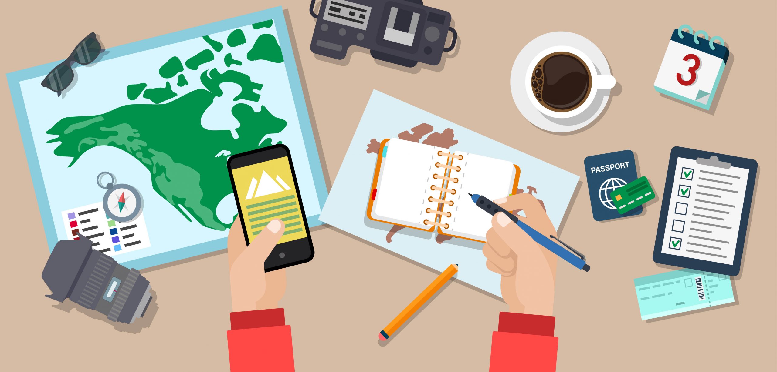 Flat style travel blog icon set. Top view table. Camera lens notes tablet smart phone clothes speedlight laptop backpack binocular money passport ticket lighter cigarette. Holiday vacation concept.